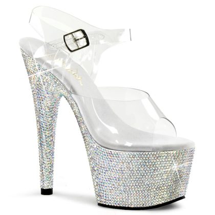 Pleaser BEJEWELED-708DM BEJ708DM/C/SMCRS Sandali con Cinturino  Tacco Altissimo 17 Plateau 7.0 Argento con Strass BEJ708DM/C/SMCRS