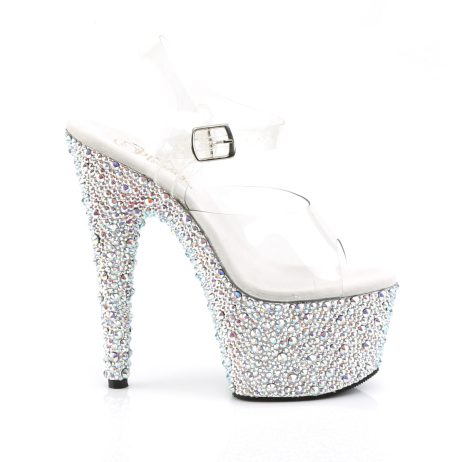 Pleaser BEJEWELED-708MS BEJ708MS/C/SRS Sandali con Cinturino  Tacco Altissimo 17 Plateau 7.0 Argento con Strass BEJ708MS/C/SRS